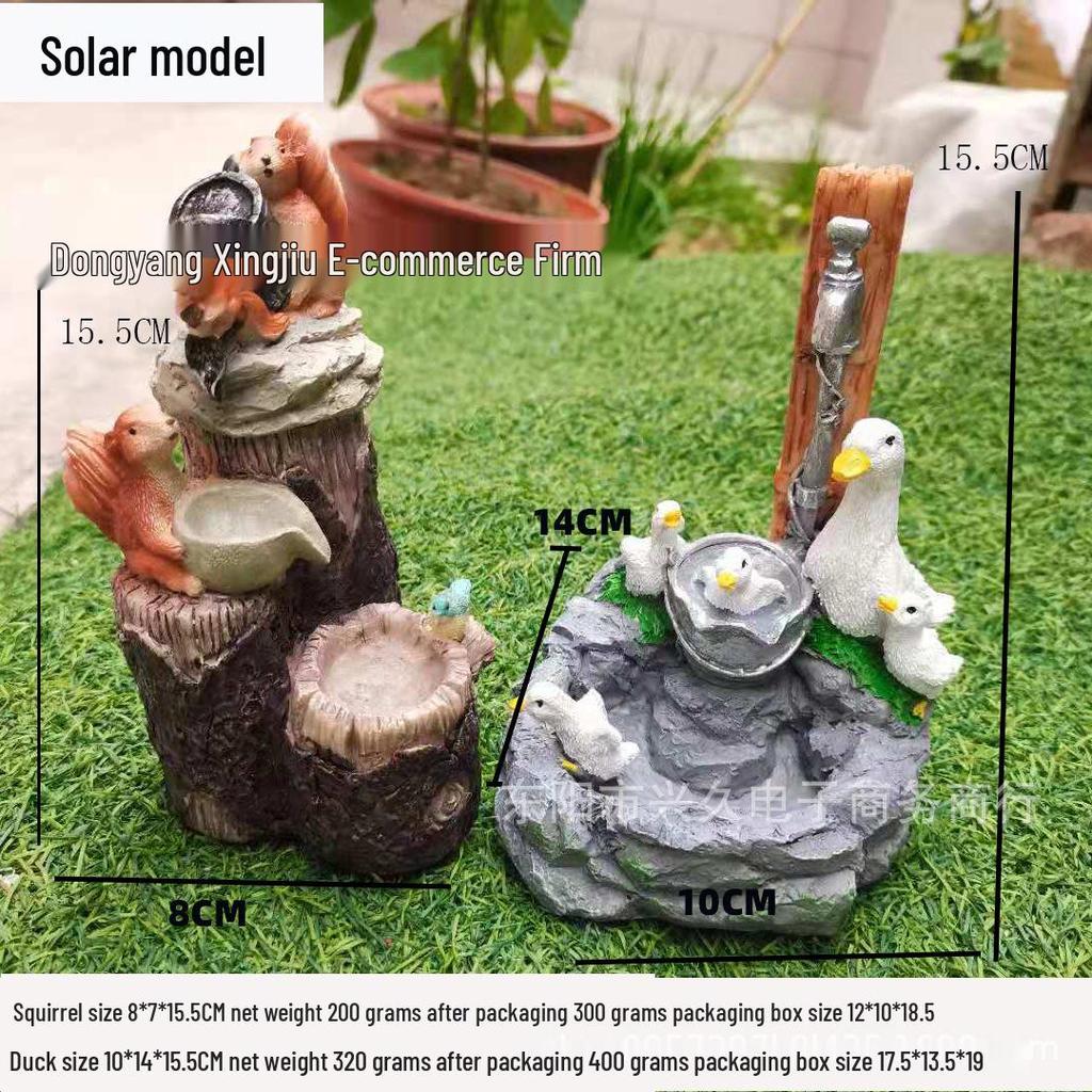 Resin Duck & Squirrel Solar Garden Water Feature Statue