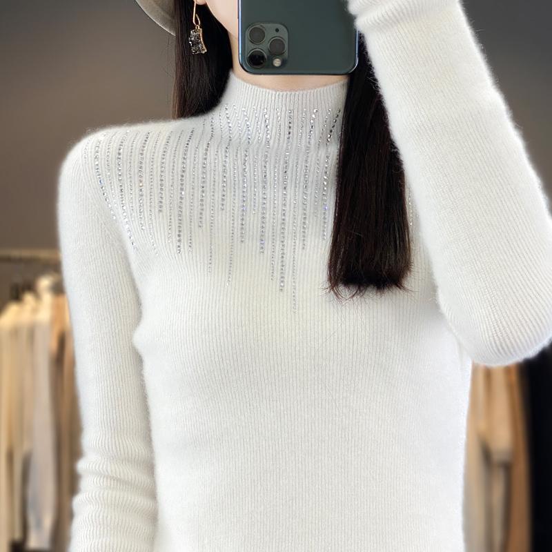 Women's Half Turtleneck Sweater, Qinghe Cashmere, 30% Cashmere 70% Wool, Diamond-studded Winter Knitted Pullover Autumn Sweater Cashmere Sweater