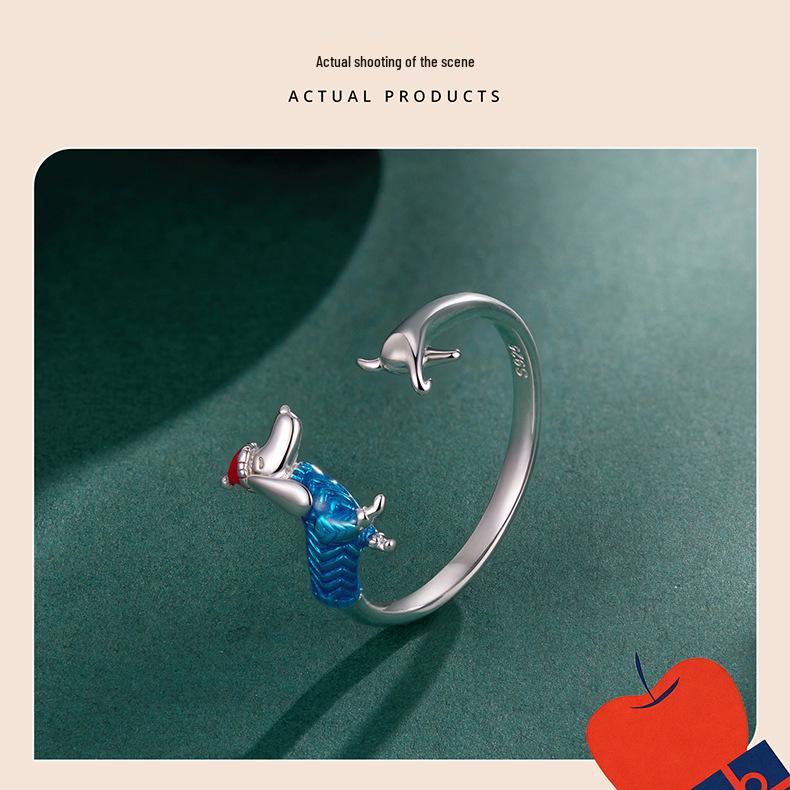 Everle S925 Sterling Silver Dachshund Adjustable Christmas Ring for Women