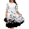Summer O-neck 45720 Sleeve Midi Dress Butterflies Flower Printing Waist Tight Loose