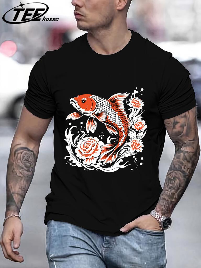 Japanese Harajuku Creative Lotus Koi Pattern TShirt Mens Summer Soft T Shirts Cotton Retro Sportswear Unisex Hip Hop Clothes