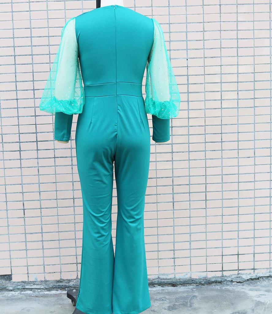 2022 Fall/Winter Women's European & American Style Mesh Spliced Long-Sleeve Slim Wide-Leg Jumpsuit