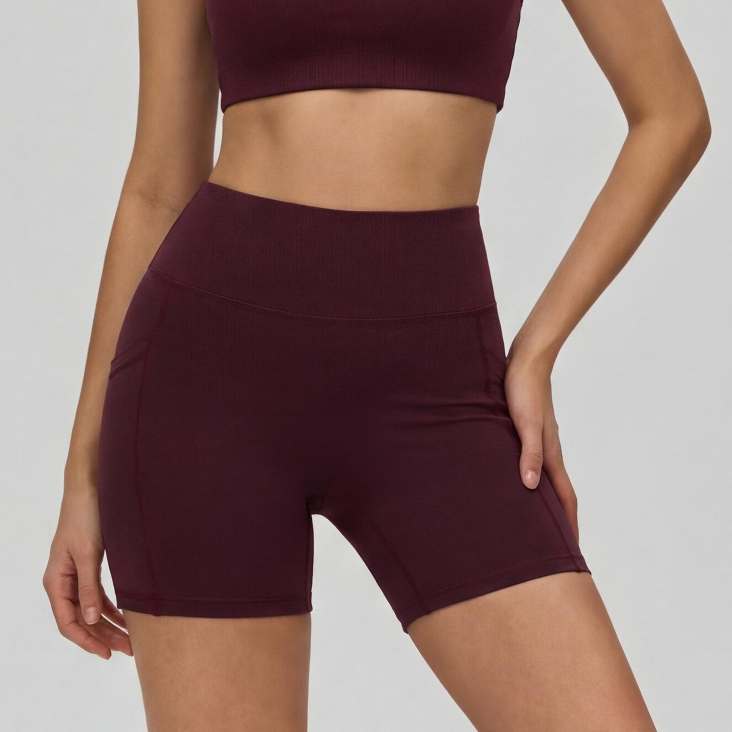 European and American tight yoga shorts women s high waist belly fitness pants peach hip lift running pocket wear sports shorts S