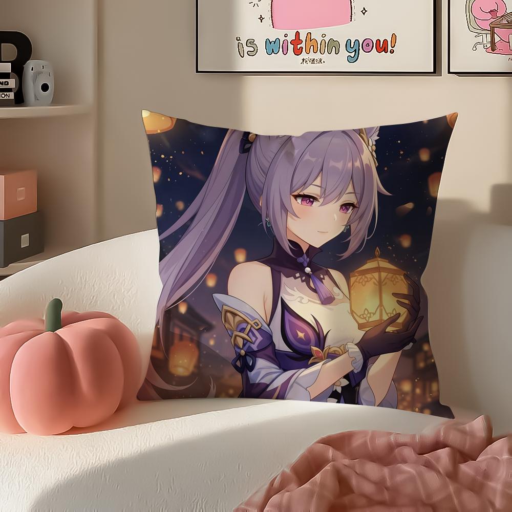 Game Genshin Keqing Cushion Cover Pillowcase Short Plush Invisible zipper Room Sofa Cushion Cover