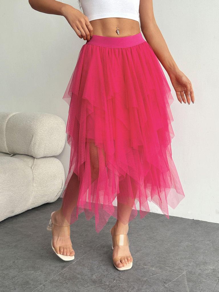 Unregelmäßiger Mesh High Waist Tüll Midi-Rock für Damen - Frühjahrsankunft 2025