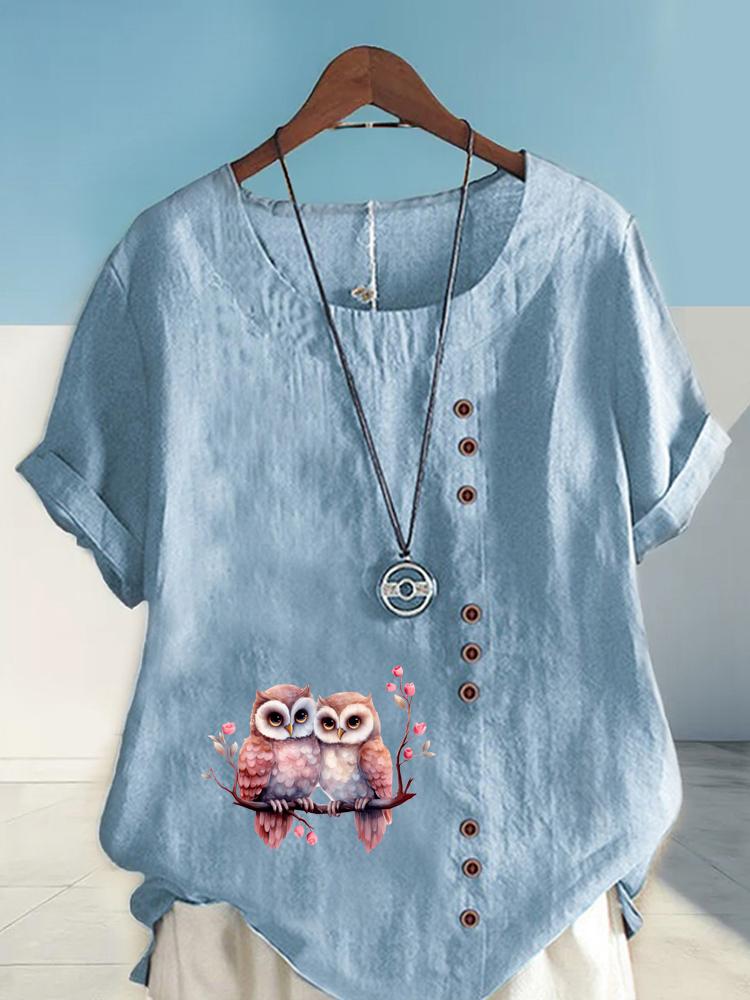 Women's Fashion Couple Owl Print Shot Sleeve T-shirt Loose Cotton Shirt Casual Loose Summer Blouse Tops Plus Size