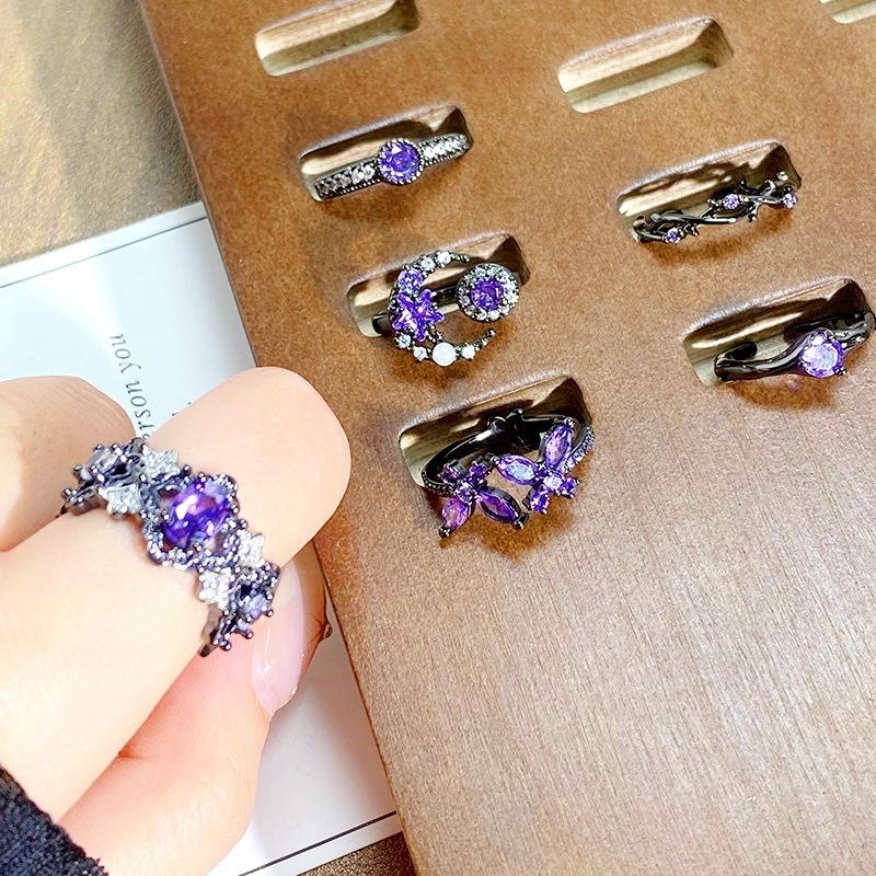 [Die dunkle Welt] Dunkellila Zirkon Persönlichkeit Punk Offener Ring Voll von Diamanten Zirkon Nische Stapelring