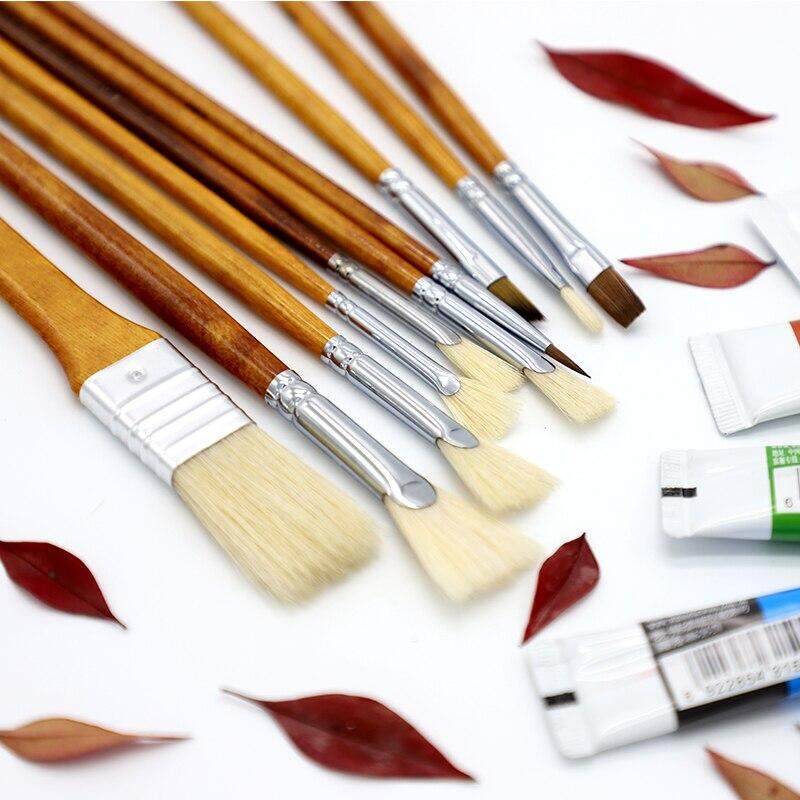 JOWOART Conjunto de 10 peças de teste de arte de guache para alunos, cerdas de porco, pincel de óleo de propileno, rabo de peixe, em forma de leque, pintado à mão, portátil para atividades ao ar livre