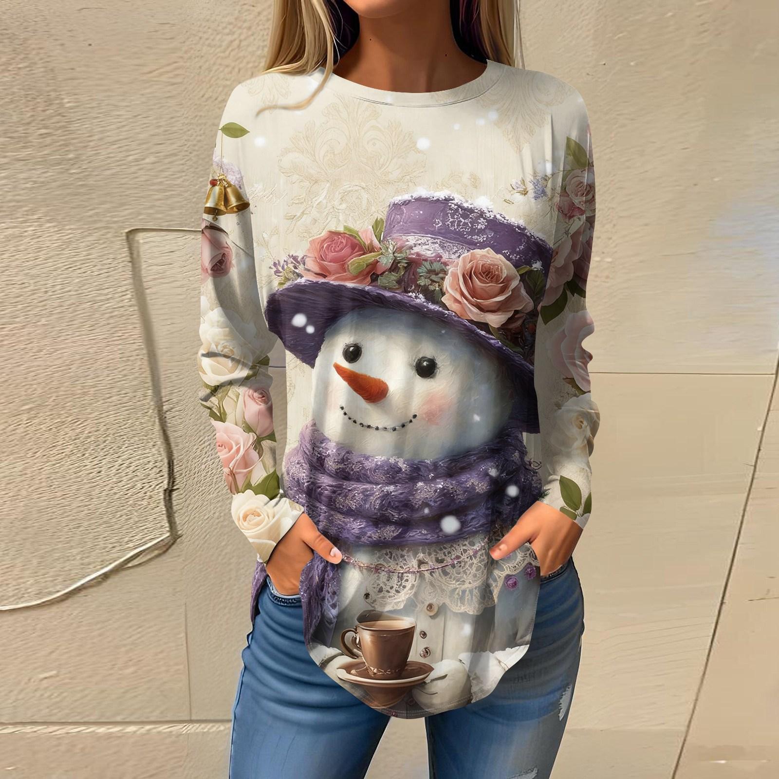 

Tee Shirts For Women Casual Round Neck Long Sleeve Shirts Christmas Printing Top Pullover XXXL хаки