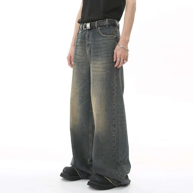 BeatStreet Vintage Camouflage Men's Jeans Fashion Washed Casual Wide Leg Denim Pants Autumn Winter Loose Male Trousers Old Blue