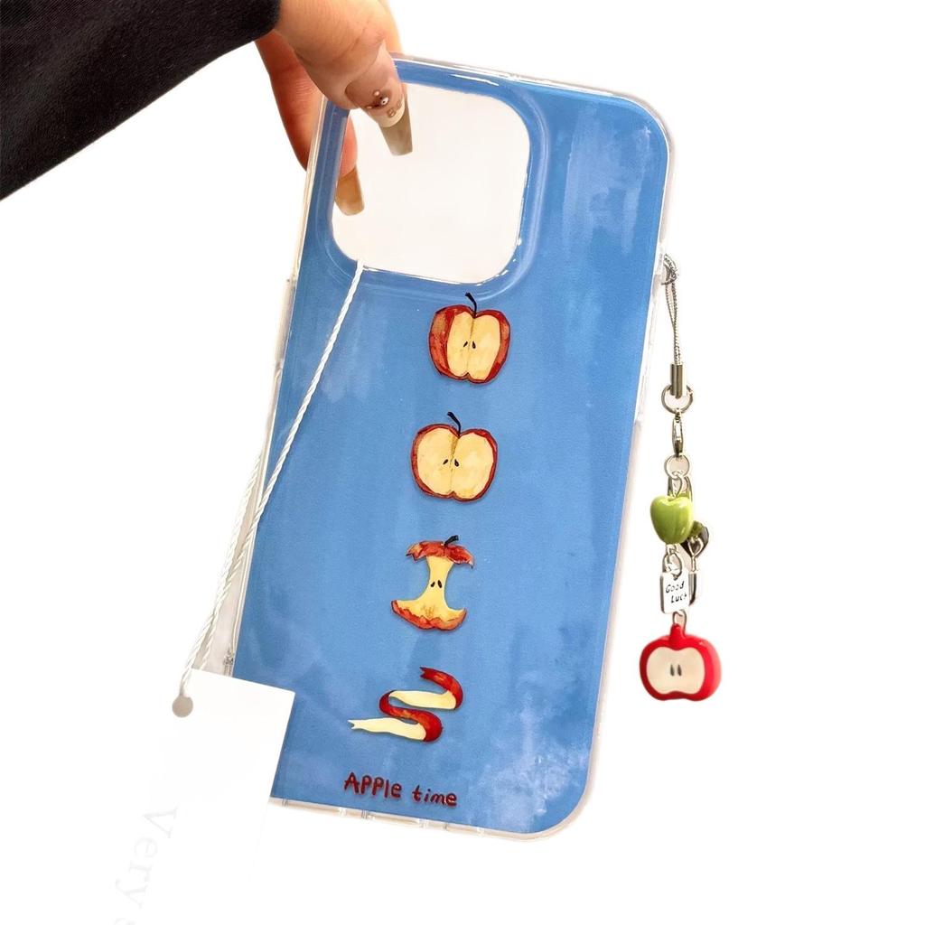 Ins-Style Cartoon Apple Pattern iPhone Case for 15/16/17 Pro Max - Drop-proof Soft Case with Pendant.