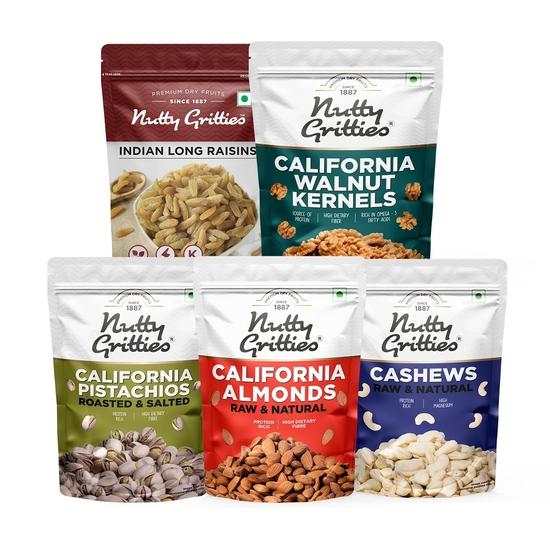 Nutty Gritties Комбо из смешанных сухофруктов, 1 кг | Кешью, Длинный зеленый изюм, Ядра грецких орехов Калифорния, Жареные соленые фисташки (По 200 г)
