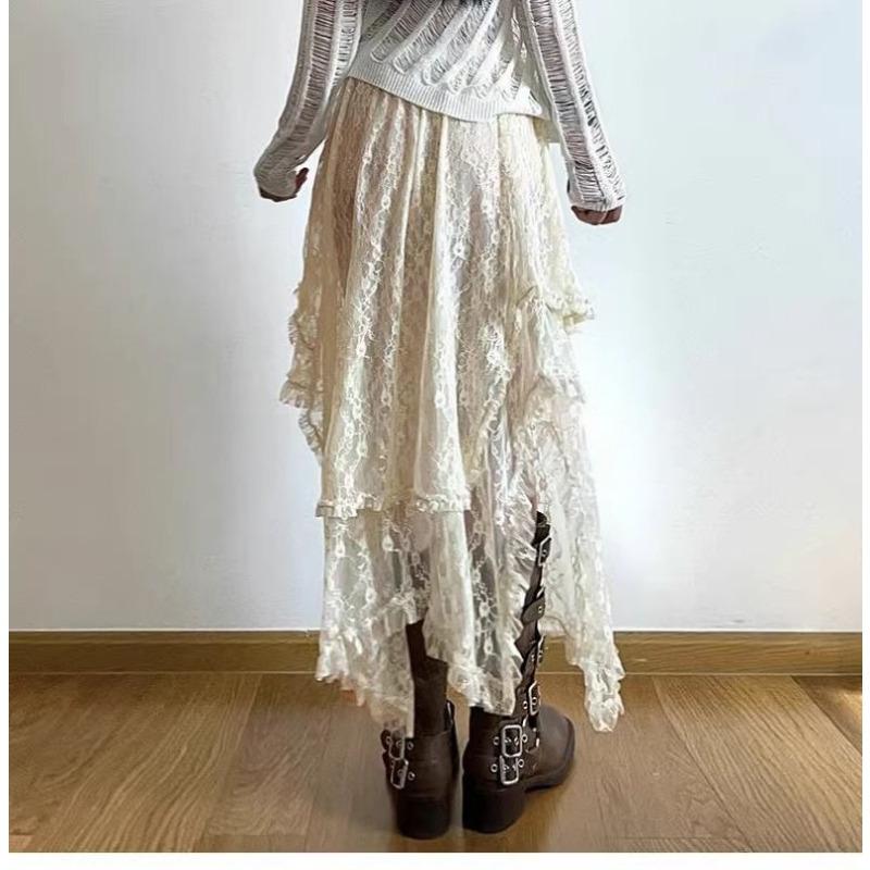Koronkowa asymetryczna spódnica Fairycore Holiday Kobiety Y2K Ubrania Wysoki stan Moda Spódnice midi Uroczy patchwork Estetyka vintage Pani