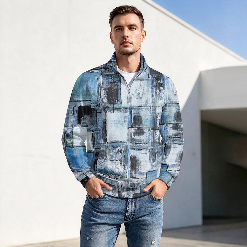 Men's Fall Winter Paneled Print Zip Neck Pullover with Stand Collar Casual Wrinkle- Athletic Top