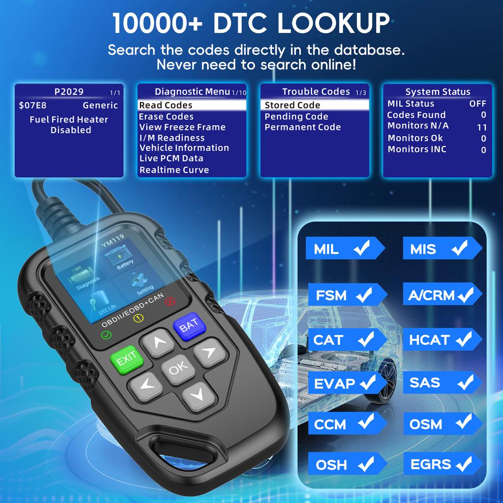 OBD2 skener s testem baterie, OBDII/EOBD skener diagnostický nástroj čtečka kódů auta CAN skenovací nástroj, čtečka kódů závad motoru