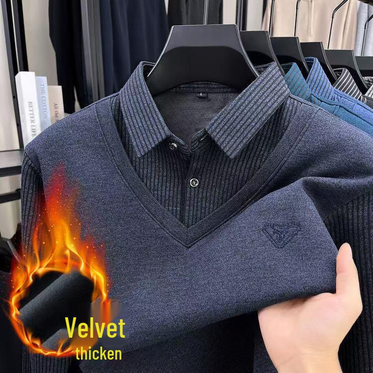 

Мужское поло в полоску с флисовой подкладкой, зима 2025: Теплый, дизайн «два в одном» для мужчин среднего возраста XL (130-150 jin) темно-синий