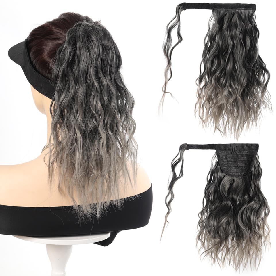 

Синтетическая кукуруза волнистый длинный конский хвост для женщин шиньон обертывание вокруг накладных волос черный коричневый серый конский хвост