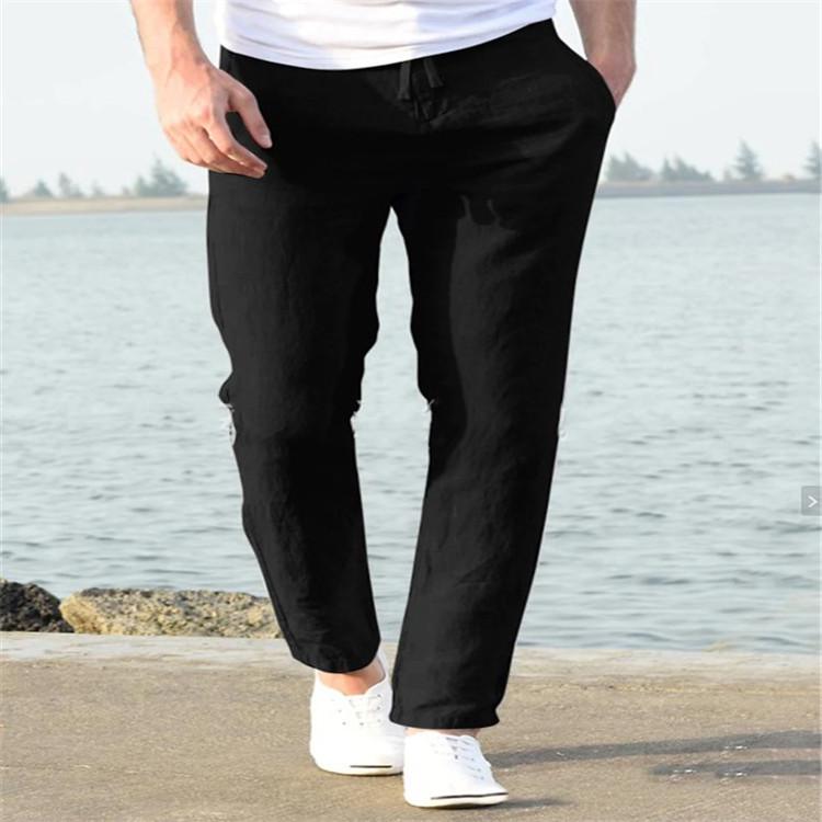 2024 Men s Slim Fit Linen Summer Pants - Elastic Waist, Solid, Breathable, Casual XL чёрный