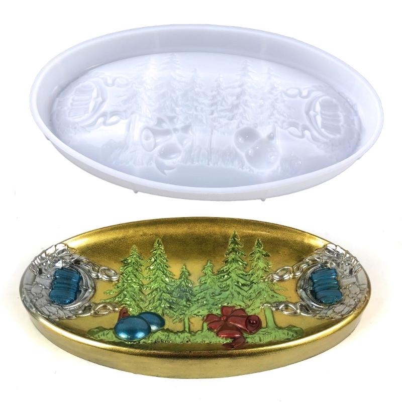 Resin Tray Mould Christmas Oval Shape Tray Epoxy Resin Casting Mold for Resin Craft Tray Bowknot Bell Serving Board Mold
