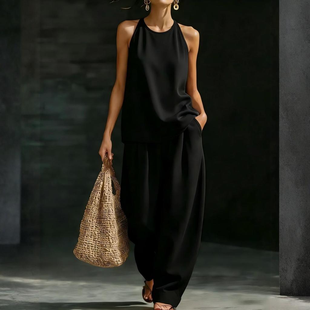 Women's Round Neck Sleeveless Top And Trousers Fashion Casual Suit
