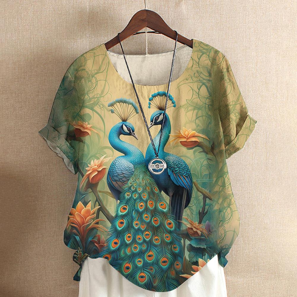 Harajuku Casual Short Sleeve Top Tee O Neck Oversized Female Clothing Women's T-Shirts Cute Animal Peacock 3d Print T-Shirt