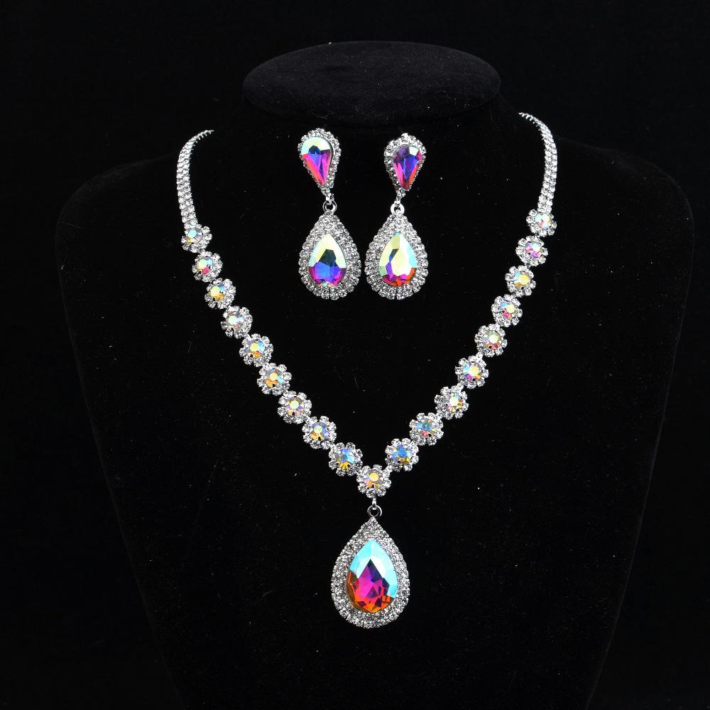 Набор: Цветное Хрустальное Ожерелье и Серьги в Форме Капли Воды для Женщин