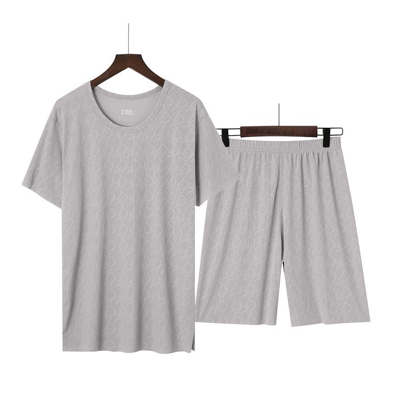 Men's Ice Silk Short Sleeve Pajama Set with Round Neck, Ribbed Shorts, and Versatile T-shirt for Indoors and Outdoors