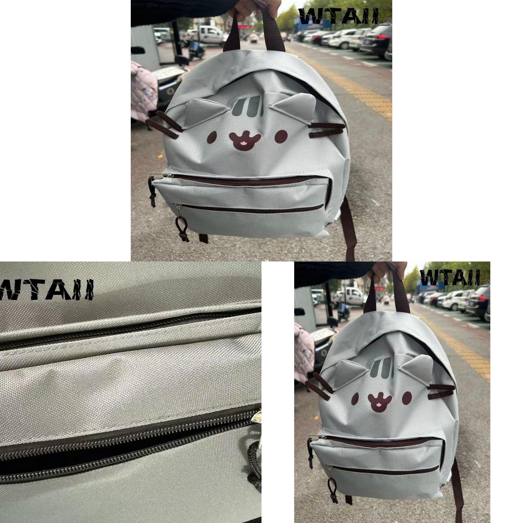 Cat Cartoon Nylon Backpack With Zipper Closure For School And Commuting