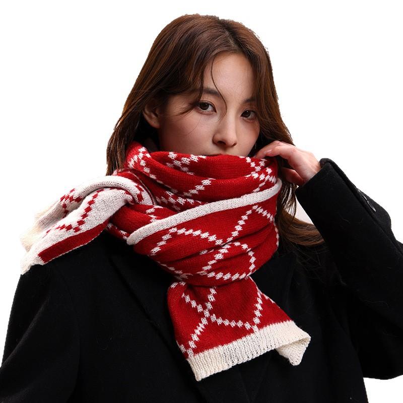 Christmas red scarf women's winter new plaid versatile New Year's knitted wool high-end scarf birthday gift