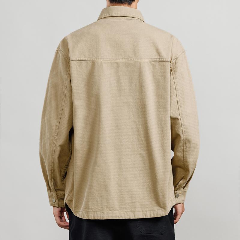 Men's Solid Color Long-Sleeve Shirt Jacket for Spring and Autumn with Turn-Down Collar