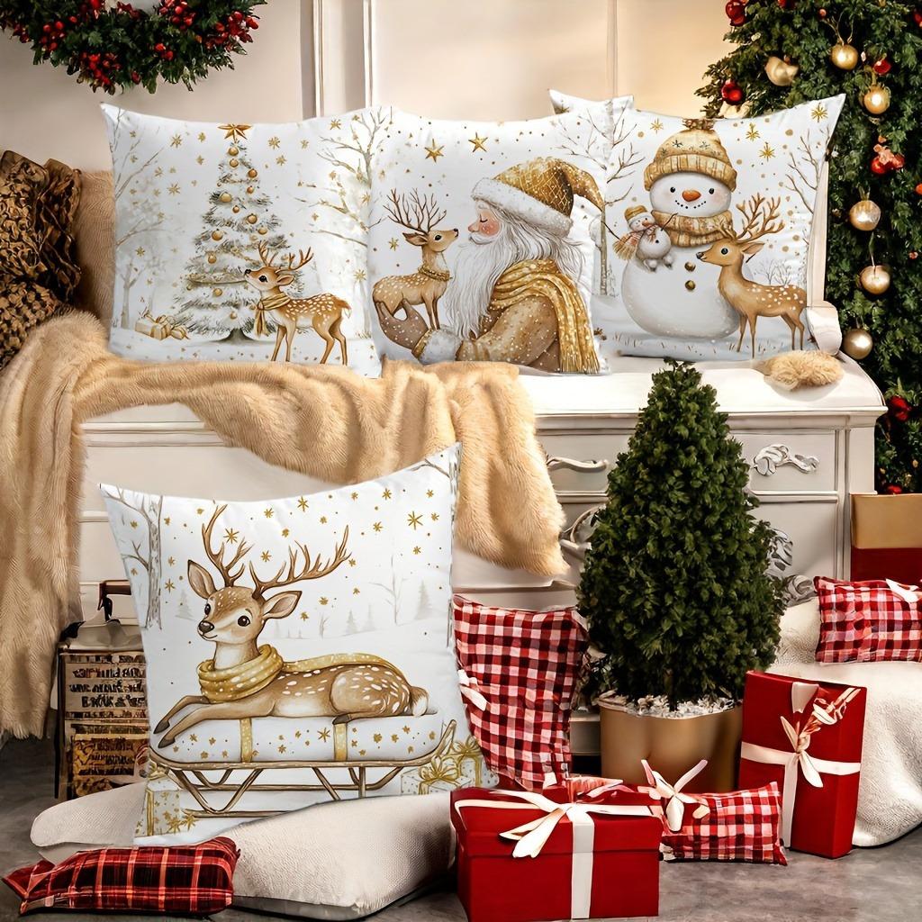Christmas Decorative Pillows With Deer Snowman Santa Polyester Pillowcase, Sofa Decorative Cushion Cov Headboard Pillow