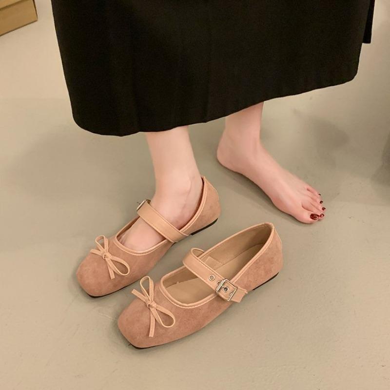 Bow Flats Autumn New Fashion Square Toe Shallow Suede Bow Metal Buckle Slip Strap Soft Sole Low Top Shoes
