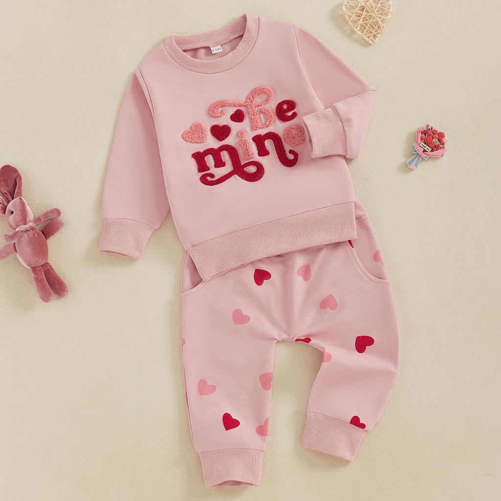 Baby Girls 2-piece Outfit, Long Sleeve Embroidery Letters Hoodie with Heart Print Sweatpants Valentines Day Clothes