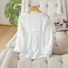 Bluzka z długim rękawem z haftem pod szyją, nowy top z rękawami lampionowymi z falbanką, koszulka z czystej bawełny pod szyją