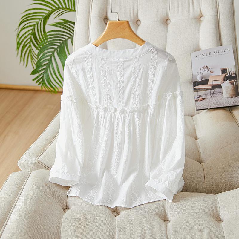 Crew Neck Embroidered Long-sleeved Shirt New Fungus Edge Lantern Sleeve Top Pure Cotton Crew Neck Shirt