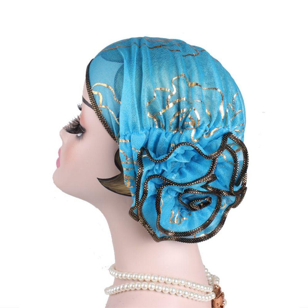 Bronzing Flower Women's Hat Elastic Casual Hair Bonnets African Turban Caps  Four Seasons