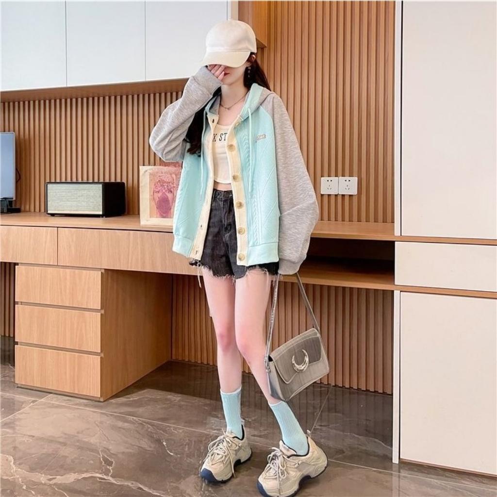 Color Blocked Hooded Jacket for Women In Plus Size, Spring and Autumn New Thin, Medium and Long Single Breasted Patchwork Hoodie for Women