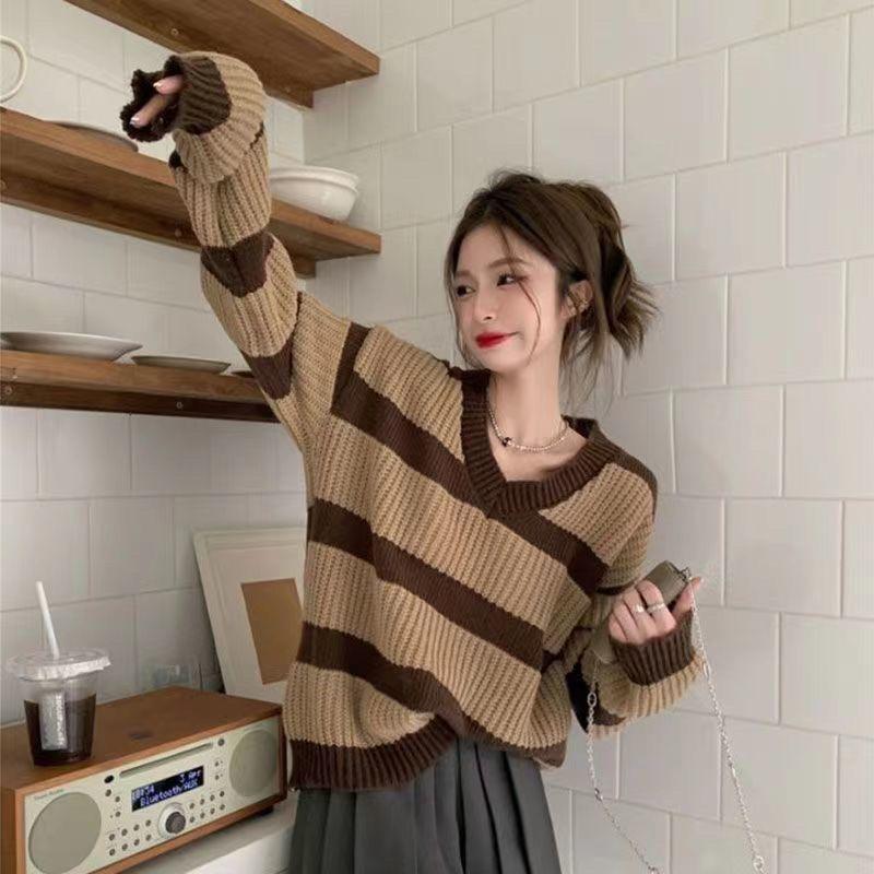 V-neck Striped Sweater Women's Japanese Languid Vintage Early Autumn Knit Top