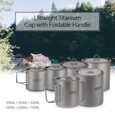 Ultraleichter Titanbecher für den Außenbereich, tragbar, für Camping, Picknick, Wasserbecher mit faltbarem Griff, 550 ml