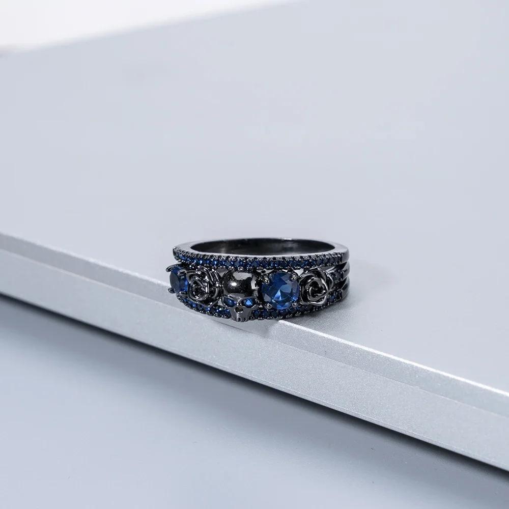 

New Arrival Punk Flower Skull Rings Retro Red Blue Green Zircon Black Copper Ring for Fashion Women Jewelry 10 синій