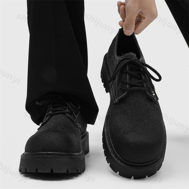 Men Canvas Leather Shoes 2025 Autumn Casual Loafers Lace Up Platform Comfortable Non Slip Fashion Derby Shoes Wedding Party