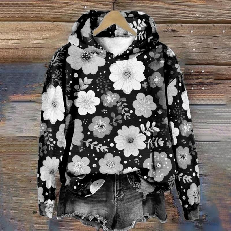 Women's Floral Hoodie Hipster Winter Pullover Harajuku Loose-Fit Casual Sweatshirt Cozy Fleece-Lined Jacket Casual Streetwear