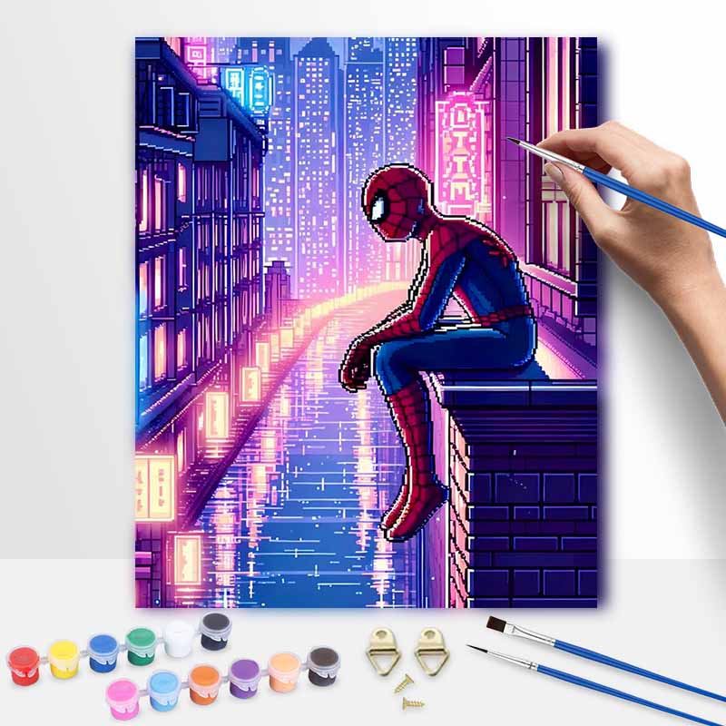 Disney Spiderman Pixel Art Painting Kit Home Wall Decor Handmade Gift for Living Room Bedroom Office Aesthetic Retro Neon City Decor 20x30cm