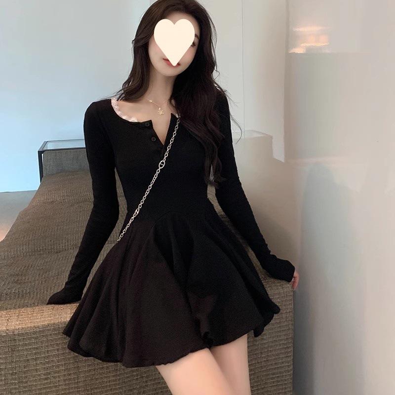 Pure Desire Black Long-sleeved Dress Women's Autumn New Sexy Temperament Waist Skirt Autumn and Winter