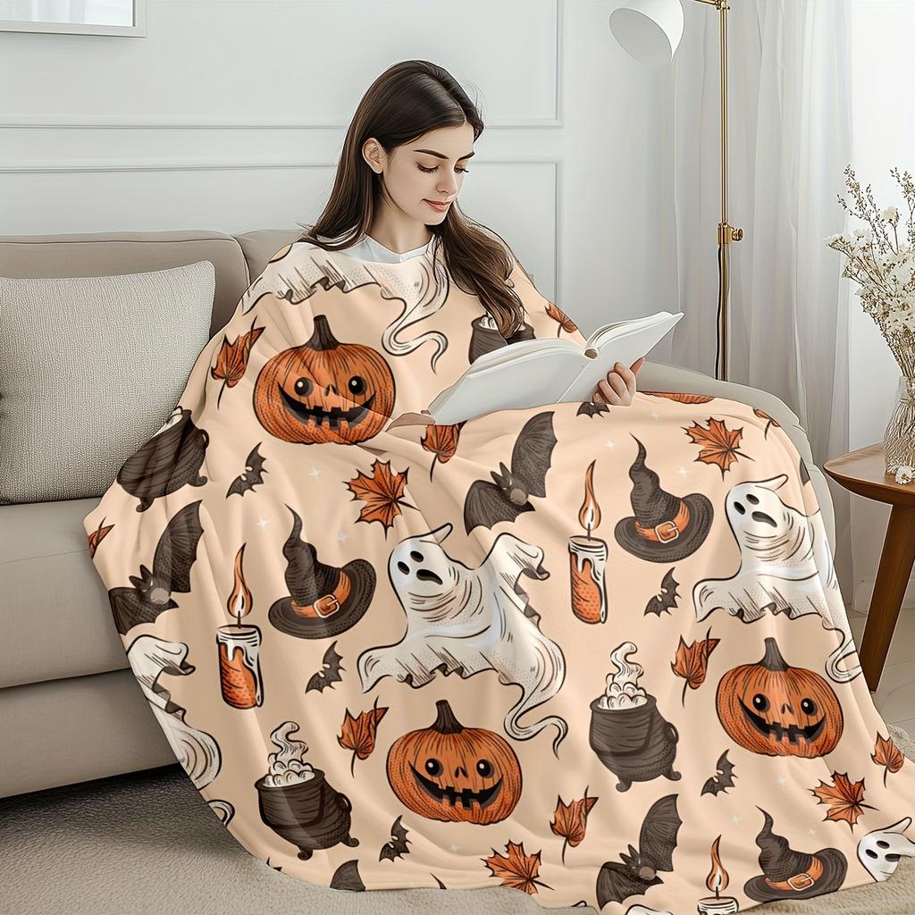 Spooky Pumpkin & Ghosts Plaid Art Blanket - Cute Halloween Theme All-Season Multi-Purpose Throw for Sofa, Bed & Living Room