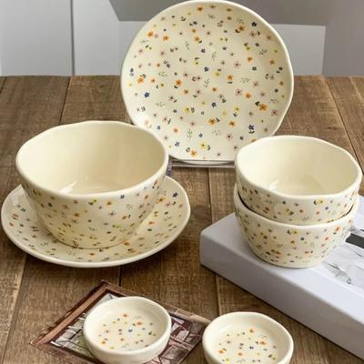 Stoviglie in ceramica in stile coreano Ciotola e piatto con motivo floreale Ciotola per riso Ciotole per insalata di frutta Piatto da dessert Piatti da cena per la casa