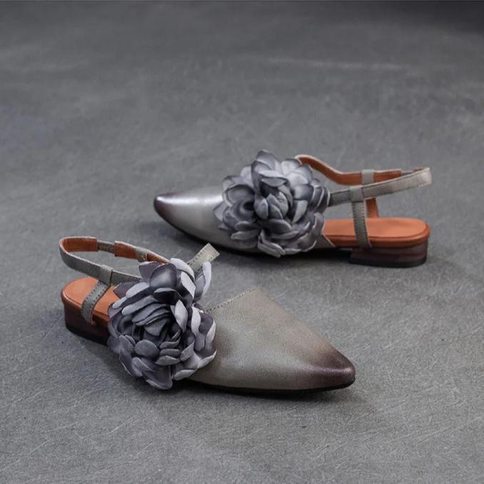 Johnature Genuine Leather French Flower Pointed Toe Sandals Retro Versatile Women's Low Heel Shoes