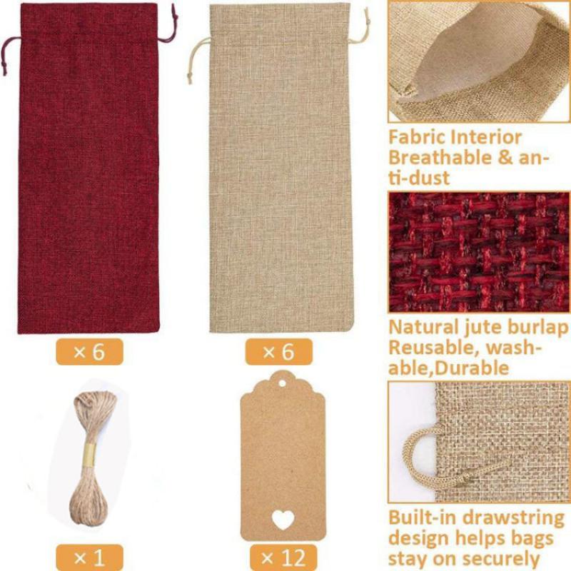 12 Sets Christmas Red Wine Bottle Covers Party Gift Bag Drawstring Bag Champagne Bottle Wrapping Bags with Linen Rope Tags