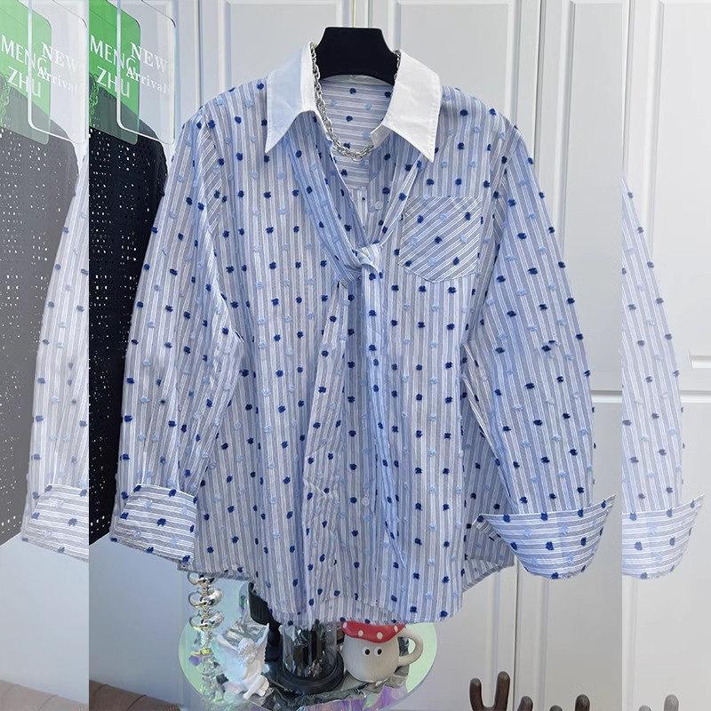 2026 Spring European-Style Women s Shirt Jacket with Detachable Belt, Polka Dots, and Striped Lapel 3XL синий