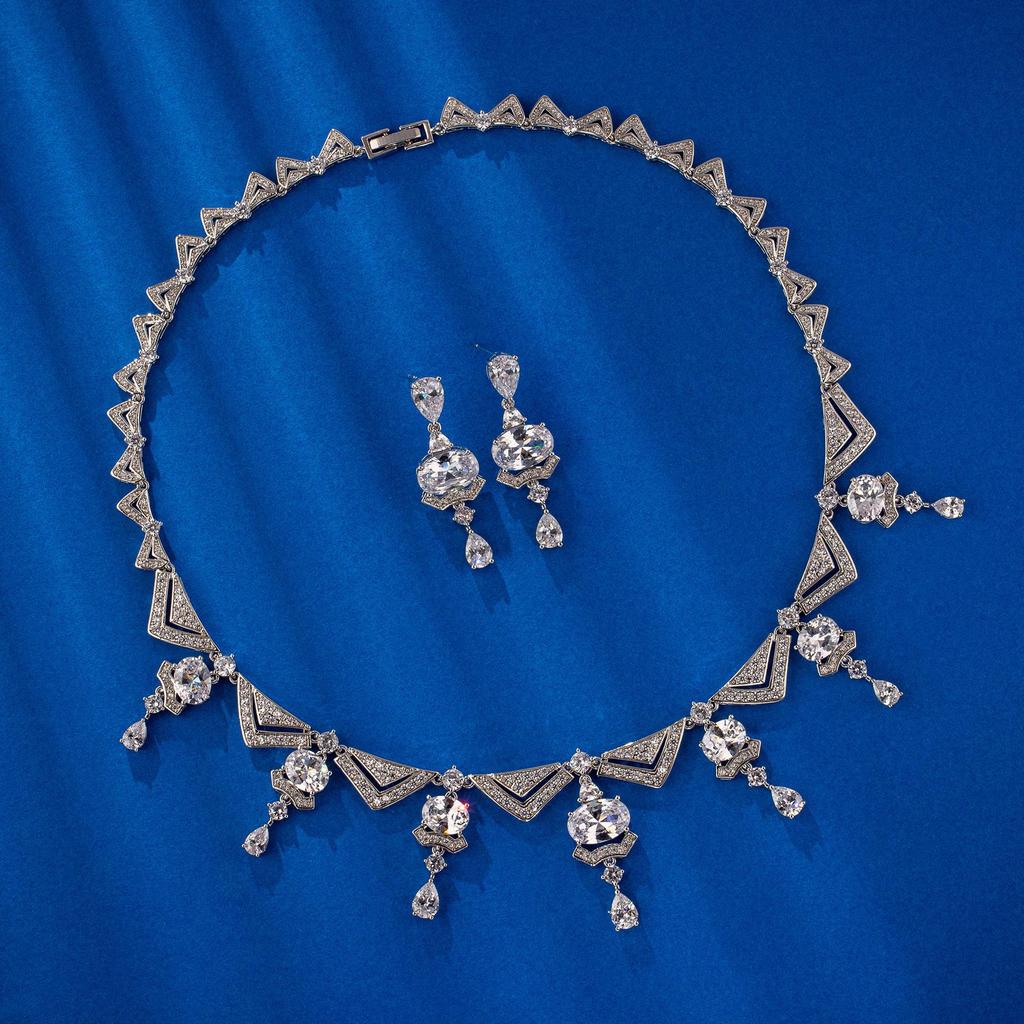 High-End Copper Earrings & Necklace with Main Stone - Popular in Europe & America, Two-Piece Set